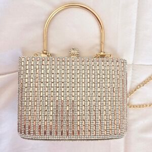 Glamorous Rhinestone Clutch Evening Bag Gold Chain Handle Box Purse